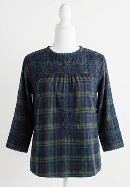 NEW LAYERZ CLOTHING plaid embroidered top in blue multi